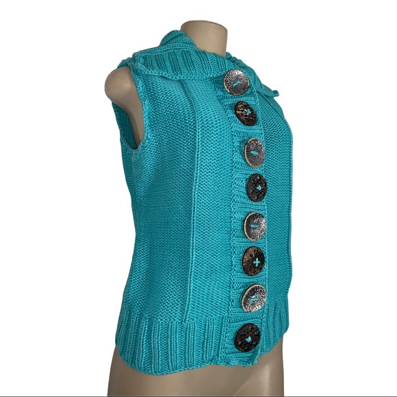 Pure HandKnit Chunky Sweater Vest Hand Crafted Wood Buttons Collar Neck - Picture 3 of 6